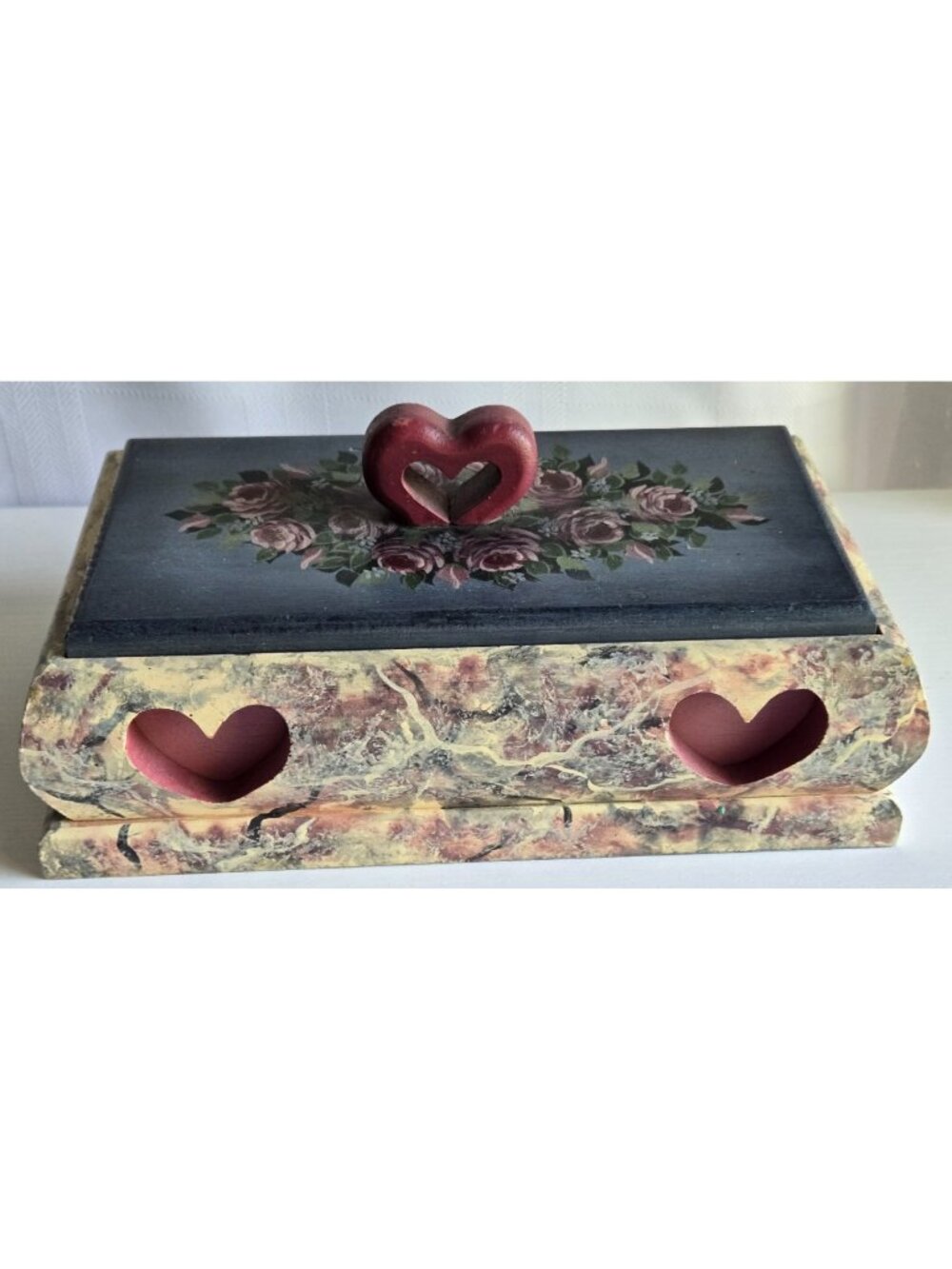 Painted Folk Art Wooden Box with Lid Heart Roses Blue Pink Faux Marble Finish